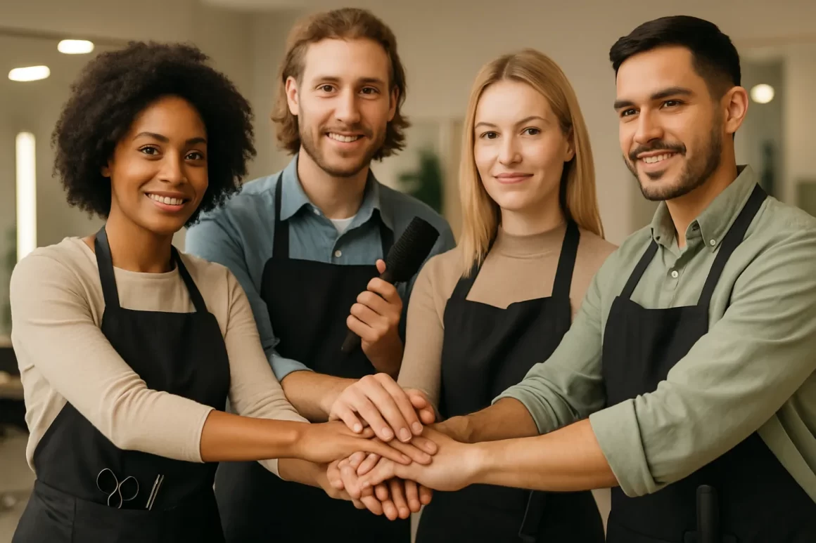 Equipo diverso de estilistas profesionales en salón de belleza, trabajando en armonía.