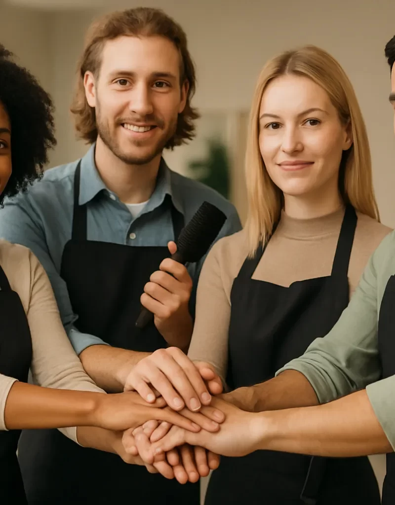 Equipo diverso de estilistas profesionales en salón de belleza, trabajando en armonía.