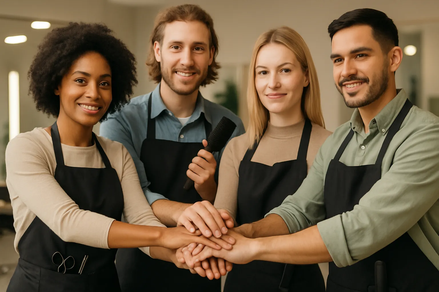 Equipo diverso de estilistas profesionales en salón de belleza, trabajando en armonía.