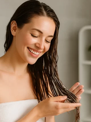 Mujer joven aplicando tratamiento capilar de medios a puntas con ambas manos, enfocada en el cuidado del cabello, en un ambiente natural y luminoso.