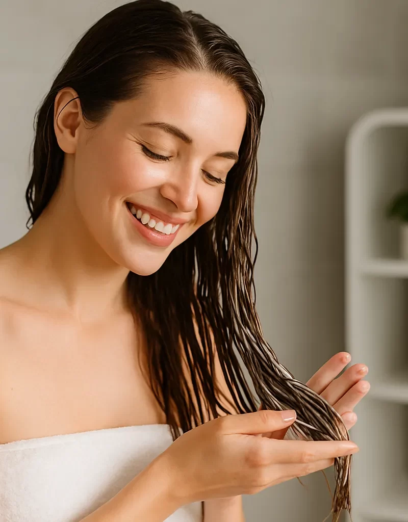 Mujer joven aplicando tratamiento capilar de medios a puntas con ambas manos, enfocada en el cuidado del cabello, en un ambiente natural y luminoso.