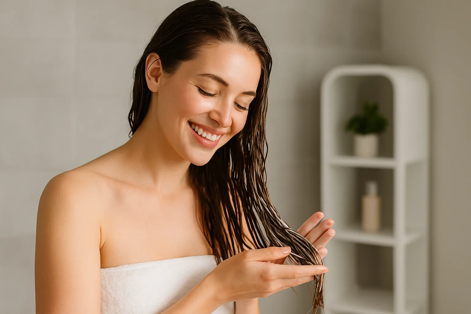 Mujer joven aplicando tratamiento capilar de medios a puntas con ambas manos, enfocada en el cuidado del cabello, en un ambiente natural y luminoso.