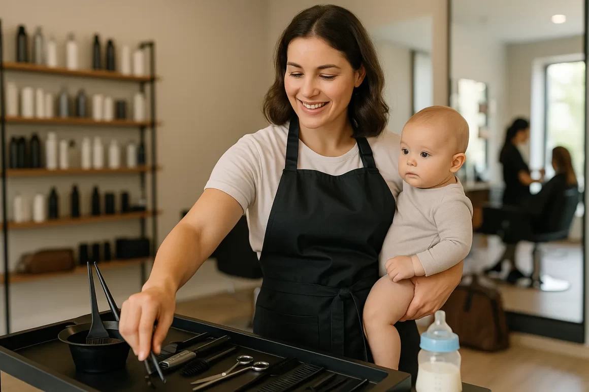 Estilista profesional con delantal negro sostiene a su bebé mientras organiza herramientas de peluquería en un salón moderno y luminoso, mostrando el equilibrio entre maternidad y carrera en la industria de la belleza.