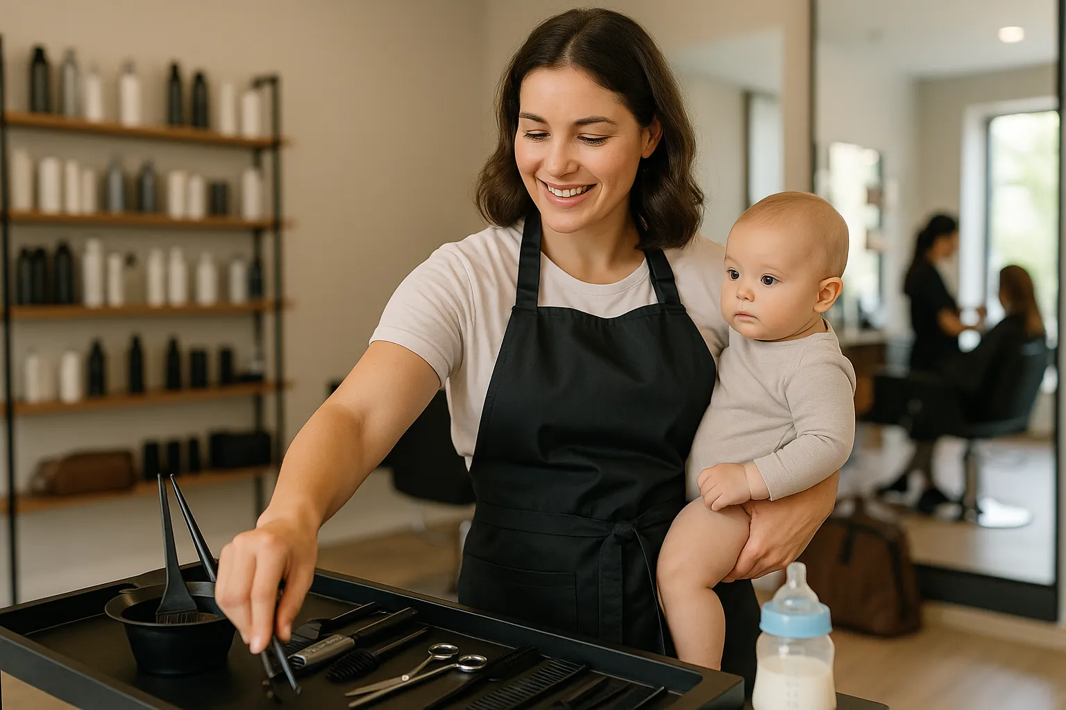 Estilista profesional con delantal negro sostiene a su bebé mientras organiza herramientas de peluquería en un salón moderno y luminoso, mostrando el equilibrio entre maternidad y carrera en la industria de la belleza.