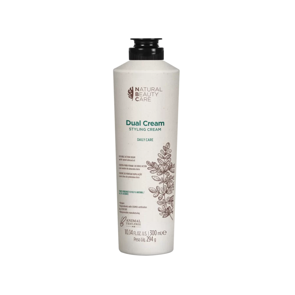Botella de Dual Cream Styling Cream de Natural Beauty Care, crema de doble acción para hidratar y peinar el cabello diariamente.