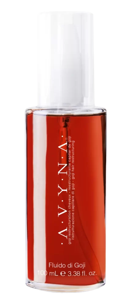 Botella transparente de 100 ml con fluido capilar rojo, "Fluido di Goji" de Avyna Beauty, tratamiento reestructurante para cabello dañado.