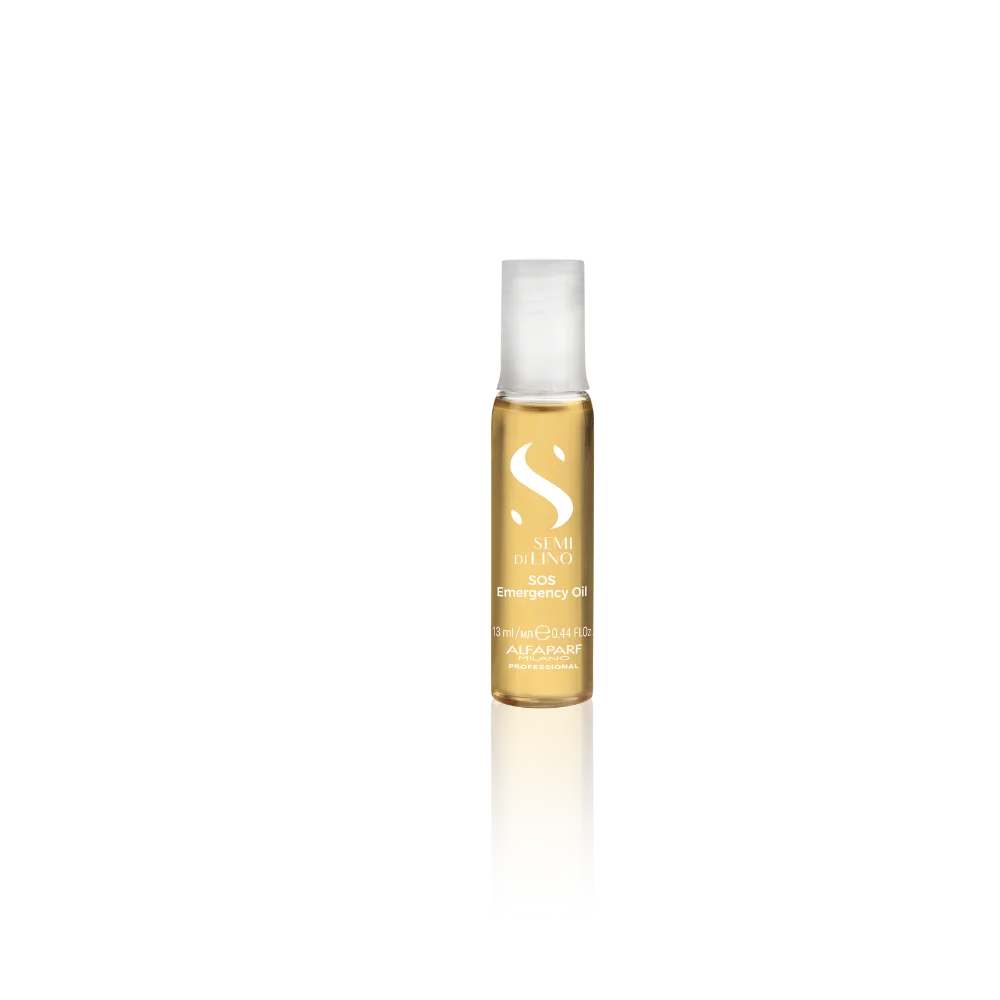 Frasco de aceite capilar “SOS Emergency Oil” de 13 ml de la marca Alfaparf Milano, en presentación cilíndrica con tapa blanca.