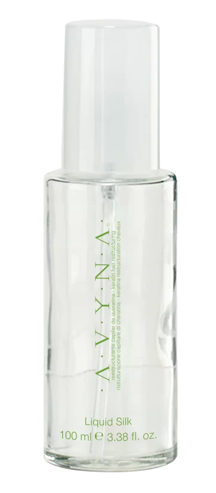 Frasco de 100 ml de Liquid Silk de Avyna Beauty, gotas protectoras para el cabello con efecto seda.