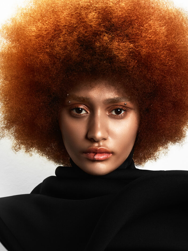 Afro cobrizo con textura densa y volumen máximo de la colección David Barron Wildwood Awakening.
