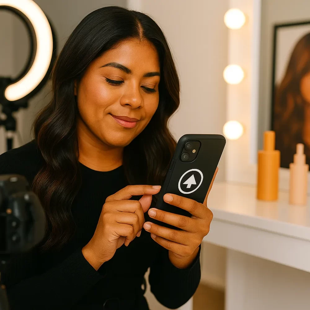 Joven estilista latina usando su smartphone en un salón profesional con espejo iluminado y cámara, creando contenido para redes sociales de negocios de belleza.
