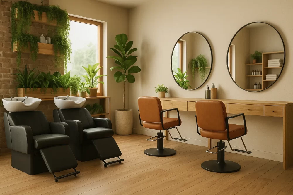 Salón de belleza sustentable con lavacabezas ecológicos, materiales naturales y diseño minimalista