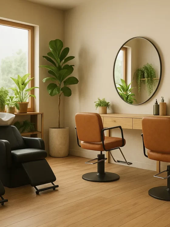 Salón de belleza sustentable con lavacabezas ecológicos, materiales naturales y diseño minimalista
