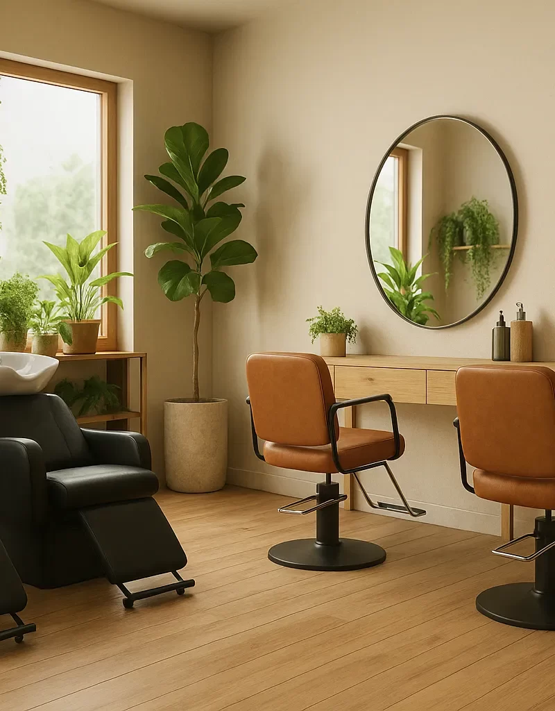 Salón de belleza sustentable con lavacabezas ecológicos, materiales naturales y diseño minimalista