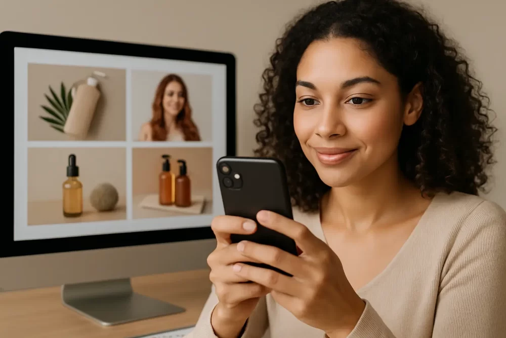 Estilista profesional grabando video en un salón moderno usando aro de luz y celular, como parte de su estrategia de contenido para redes sociales.