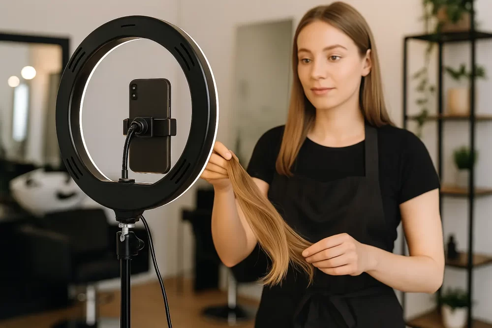Estilista profesional grabando video en un salón moderno usando aro de luz y celular, como parte de su estrategia de contenido para redes sociales.
