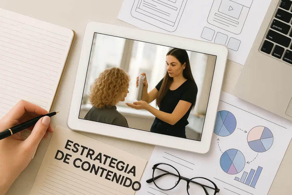 Vista cenital de escritorio con tablet, gráficos y agenda que representan la planeación de contenido para redes sociales en marcas de belleza.