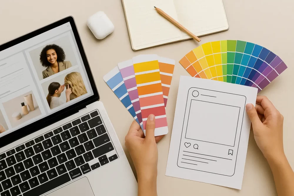 Paletas de color, bloc de notas y plantilla de publicación digital, representando el diseño visual de contenido para redes sociales en el sector belleza.