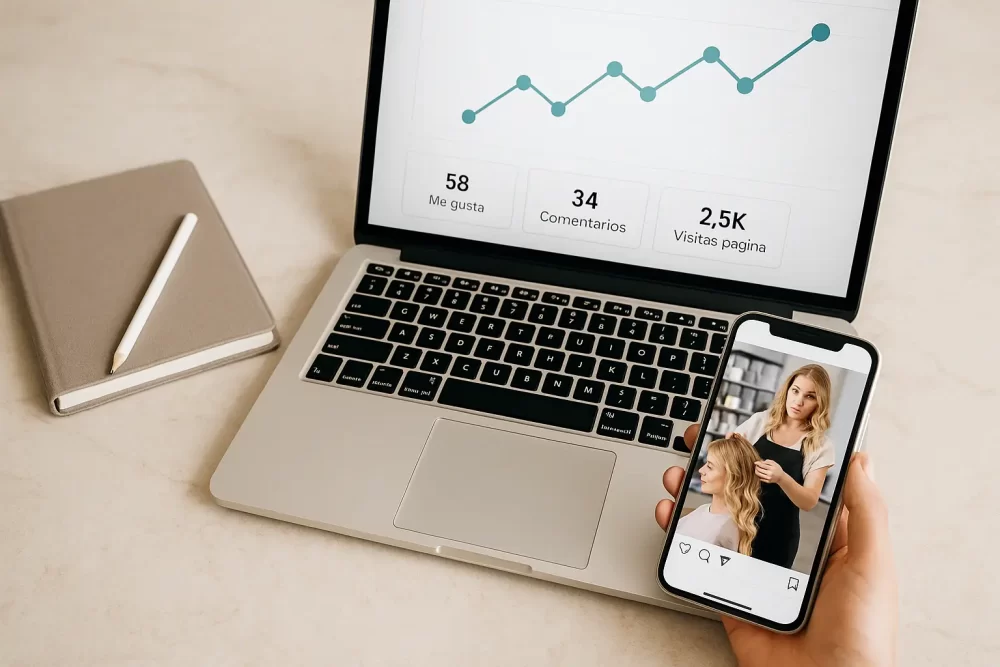Laptop y smartphone mostrando imágenes de productos y estilistas, simbolizando la conexión digital y el crecimiento de negocios de belleza en redes.