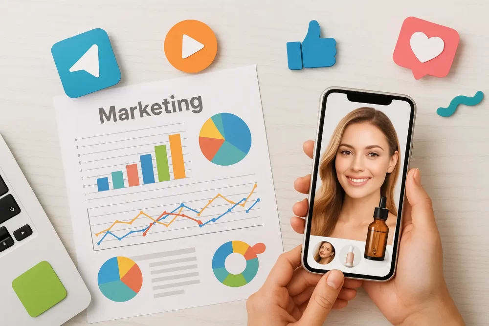 Vista cenital de escritorio con celular, gráficos y agenda que representan la planeación de contenido para redes sociales en marcas de belleza.