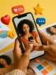 Manos sosteniendo celular con influencer de belleza, gráficos impresos y coloridos íconos 3D de redes sociales sobre fondo amarillo.