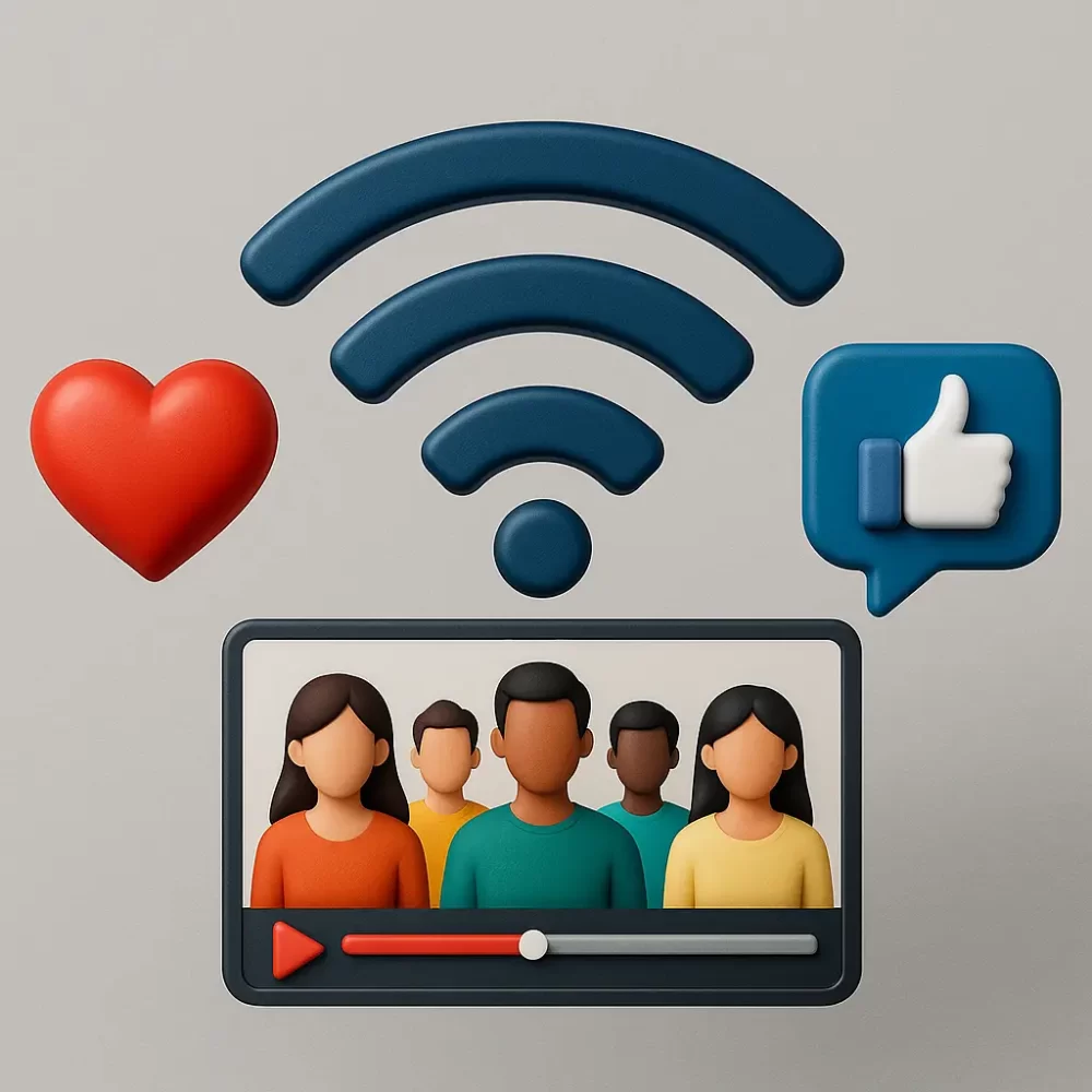 Ilustración de íconos en volumen que conectan avatares, smartphone, Wi-Fi y reacciones sociales sobre fondo gris, simbolizando comunidad digital.