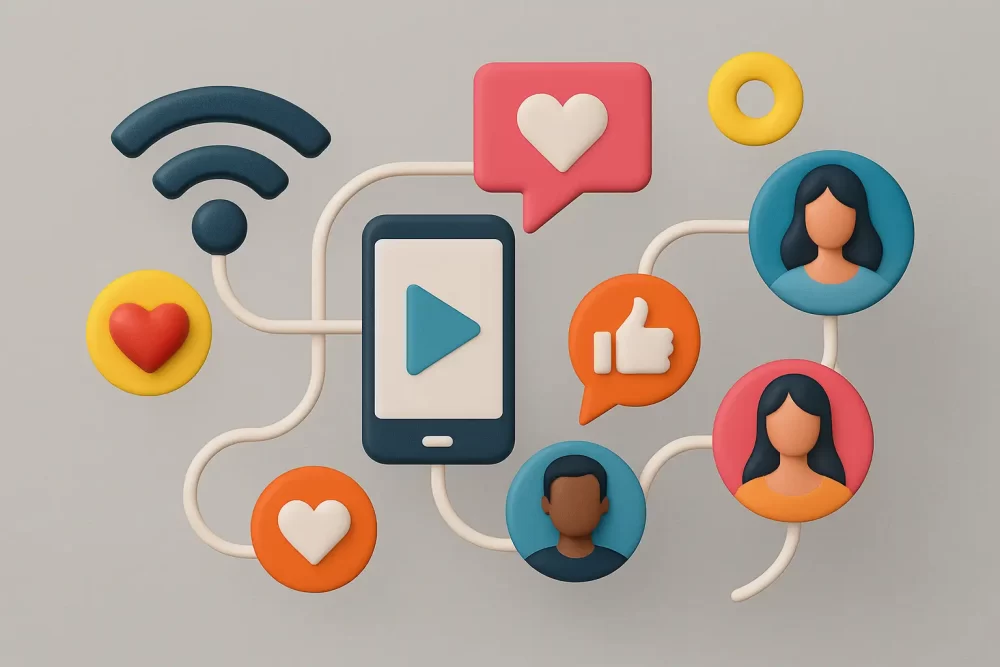 Ilustración de íconos en volumen que conectan avatares, smartphone, Wi-Fi y reacciones sociales sobre fondo gris, simbolizando comunidad digital.