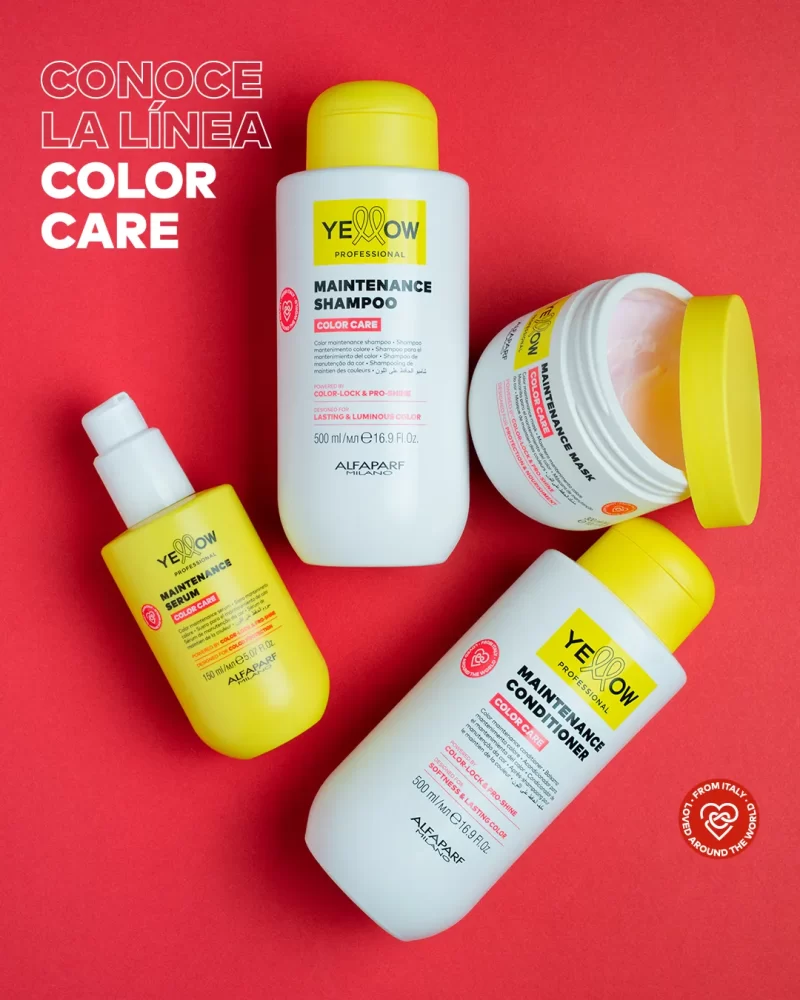 Shampoo, acondicionador, mascarilla y serum Color Care de Yellow Professional sobre fondo rojo.