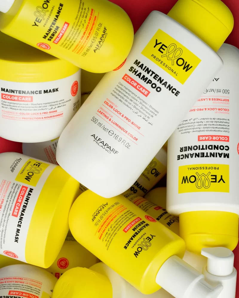 Productos Color Care apilados de Yellow Professional incluyendo shampoo, serum y mascarilla nutritiva