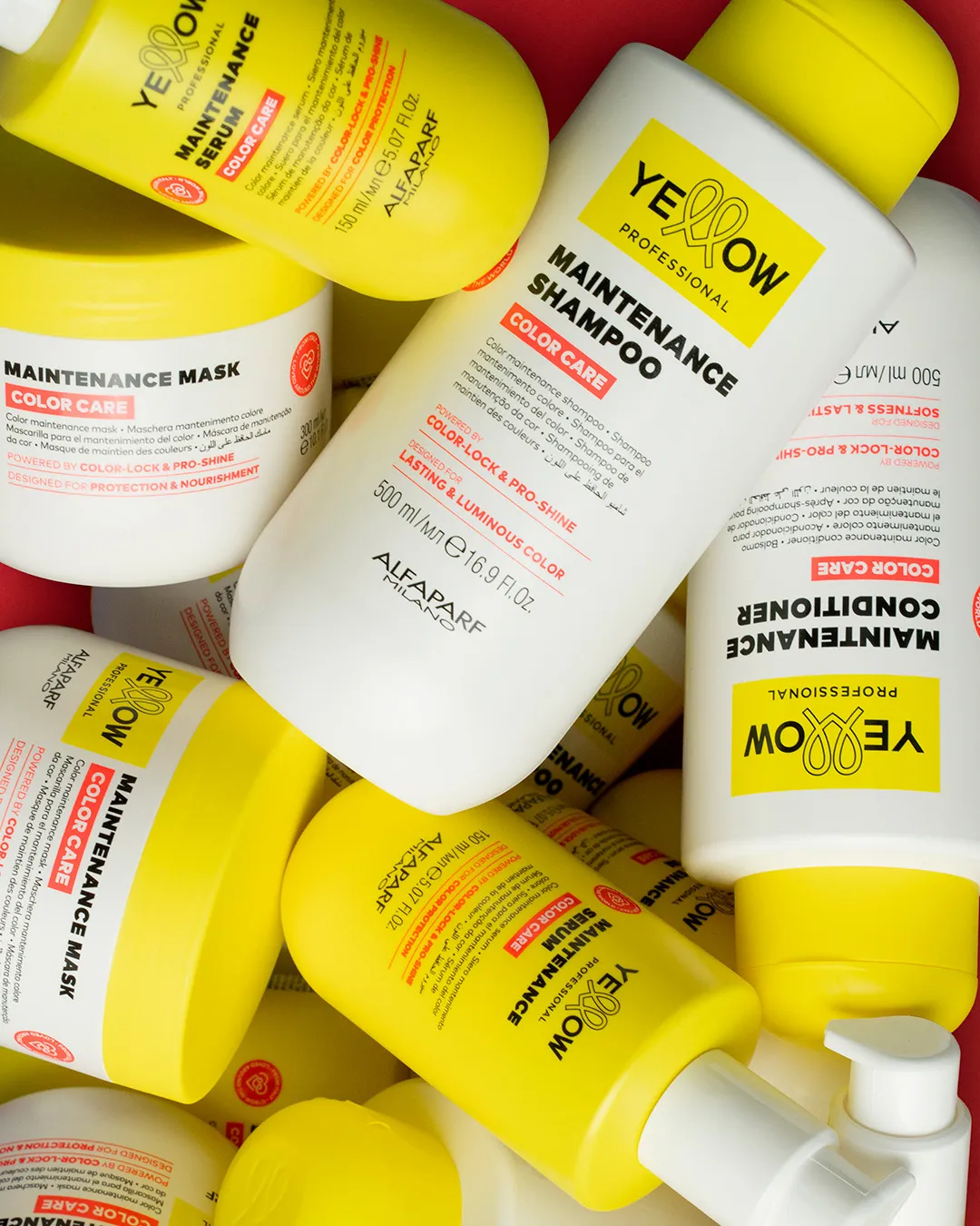 Productos Color Care apilados de Yellow Professional incluyendo shampoo, serum y mascarilla nutritiva