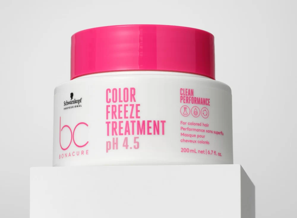Mascarilla Bonacure Color Freeze Treatment Schwarzkopf Professional con tapa rosa y envase blanco