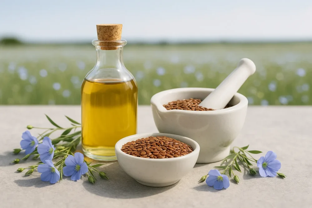 bodegón con elementos de semilla de lino, linaza