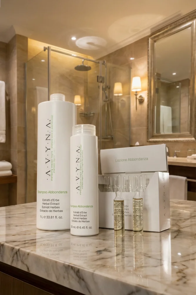 Sistema Abbondanza de Avyna Beauty con shampoo y ampolletas para combatir la caída del cabello