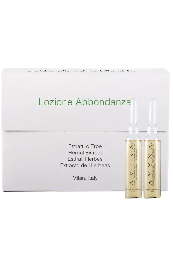 Caja Lozione Abbondanza de Avyna Beauty con tratamiento en ampolletas para caída del cabello