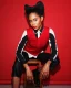 Modelo con cabello afro estructurado de la colección Verve de Project Afro, usando chaleco rojo y camisa gráfica.
