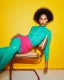 Modelo con cabello afro natural en la colección Verve de Project Afro, con styling verde y rosa sobre fondo amarillo.