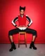 Modelo con peinado afro futurista en la colección Verve de Project Afro, sentada frente a fondo rojo con styling gráfico.